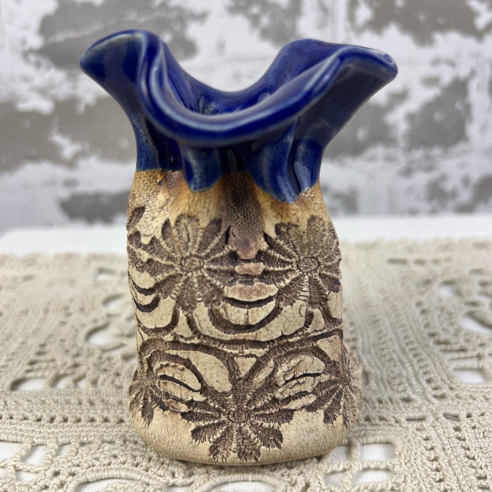 Jayne Avery Blue Heron Pottery Va Mini Bud Vase Lace Impression Blue Studio 3.5"